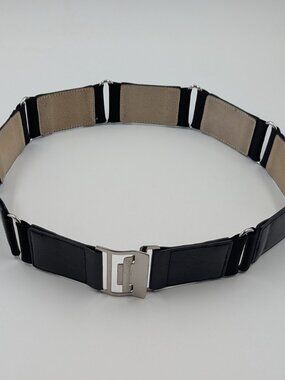Chico's Black Faux Leather & Crocodile Silver Link Belt with Flip-top Buckle | L